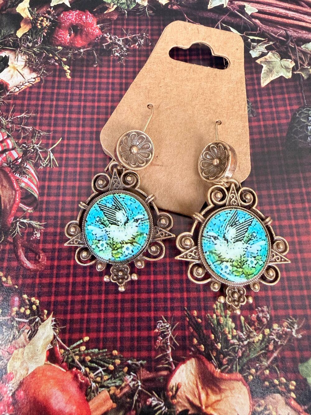 Boho Antiqued Silver-Tone Blue Bird Medallion Dangle Earrings